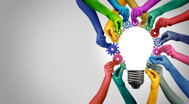 Business Team diversity Solution thinking together as a diverse group of people coming together joining hands into the shape of an inspirational light bulb as a community support metaphor with 3D elements.